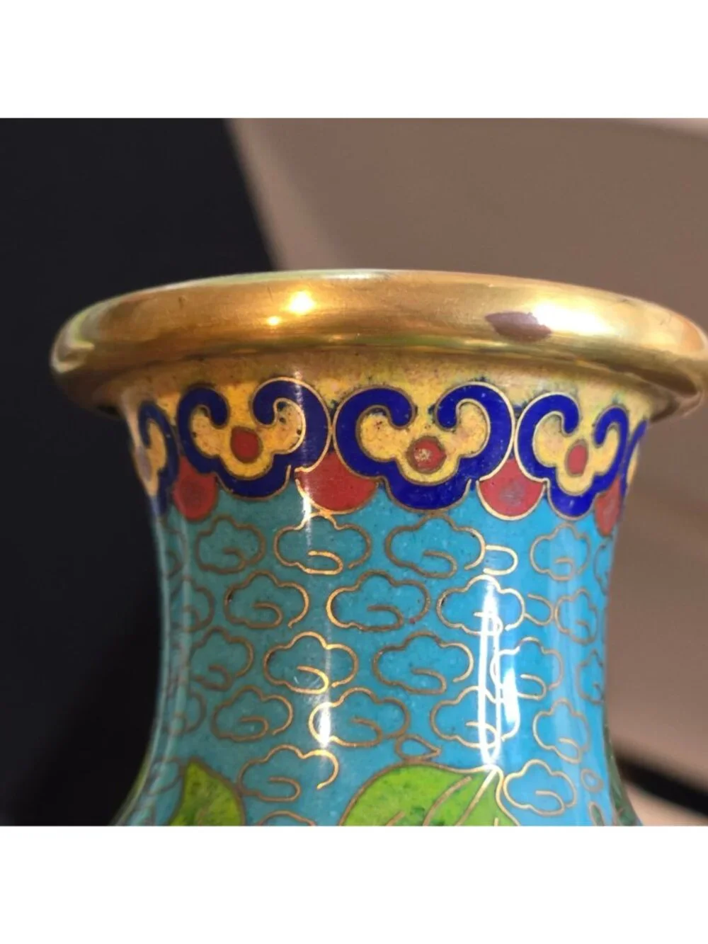 Vintage Cloisonné Vase Pink & White Chrysanthemums Gold Accents Floral Enamel